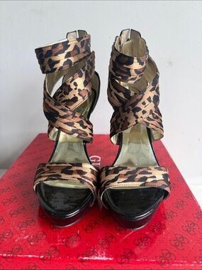 Guess Leopard Print Crisscross Ankle Strap Heels - Brown Black